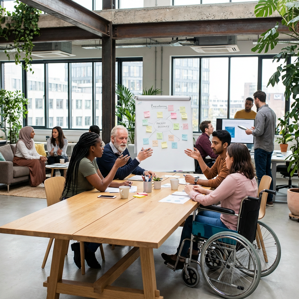 A diverse group of colleagues discusses ideas around a large table in a modern office.